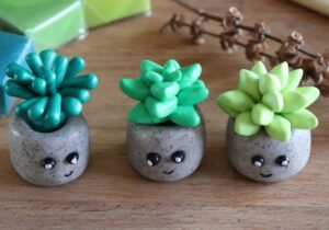 clay succulents sitting on wooden counter