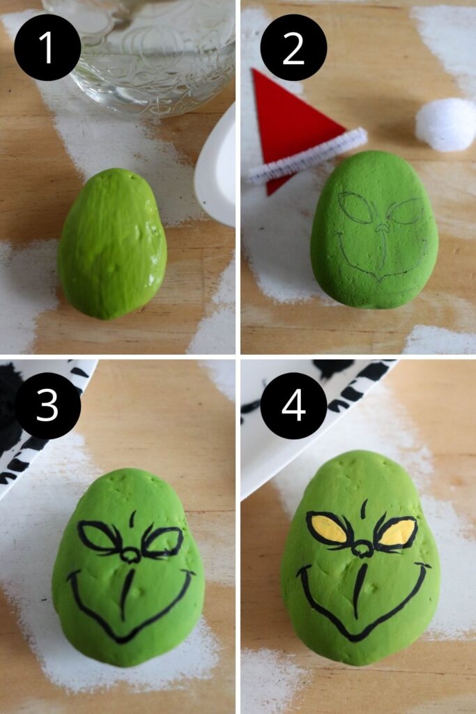 steps with pictures on how to paint a grinch rock