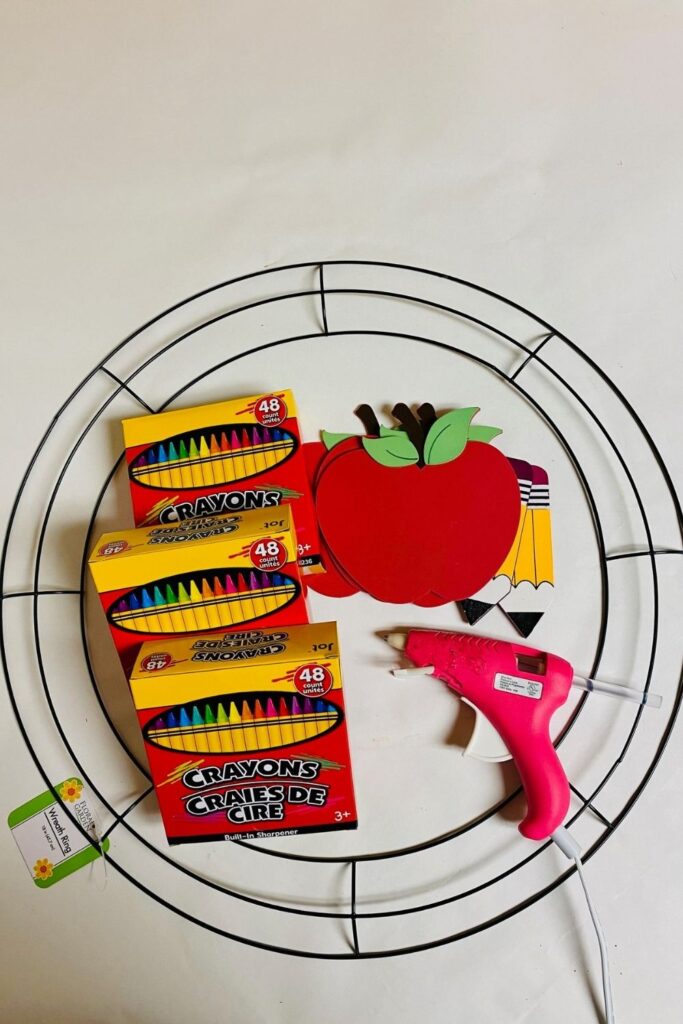 supplies on counter for a crayon wreath 