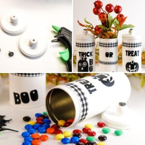 collage on how to glue knobs in containers and displayed Halloween tins
