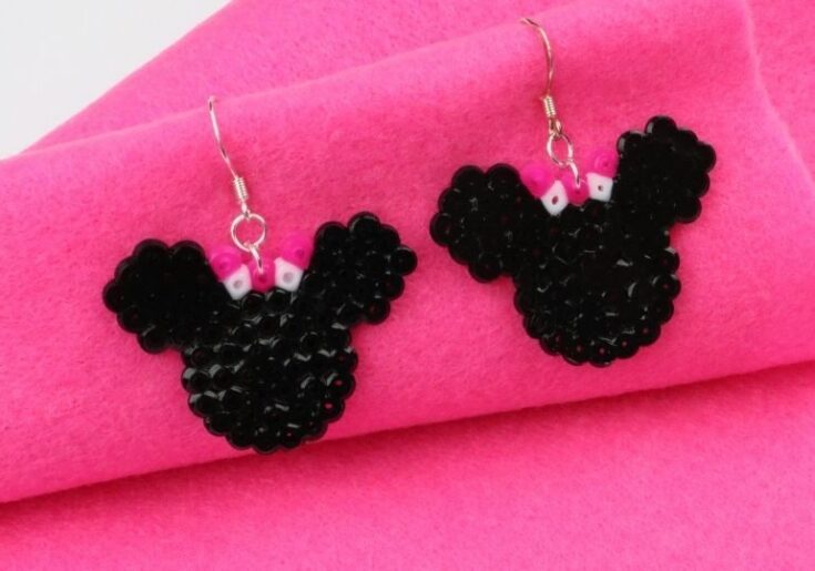 perler bead earrings on pink tissue paper