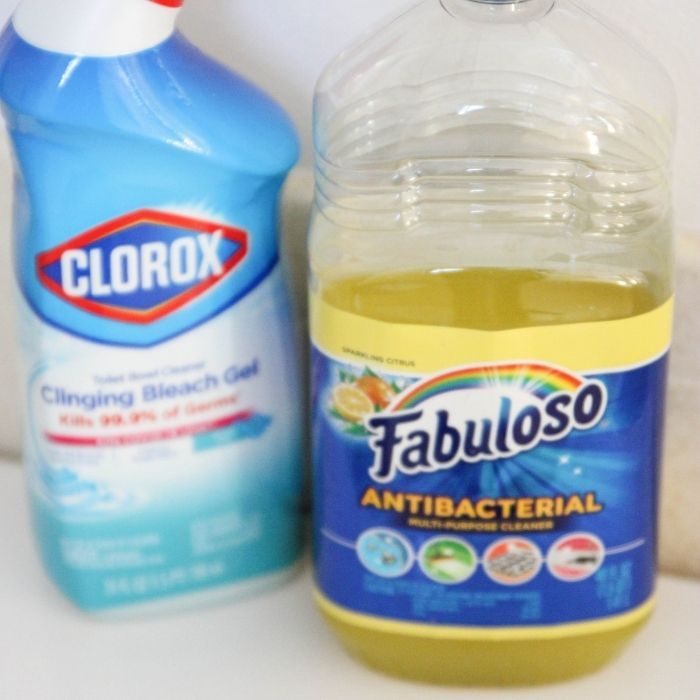 fabuloso and clorox toilet cleaner on toilet