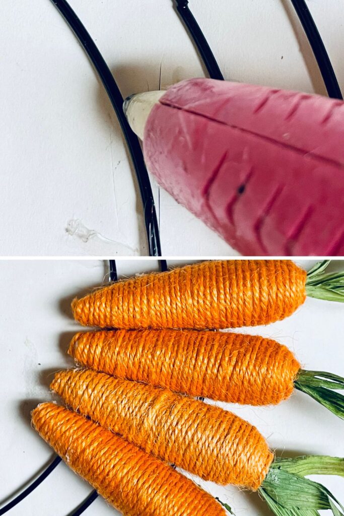 hot glue adding dots to the metal wreath with twine carrots 