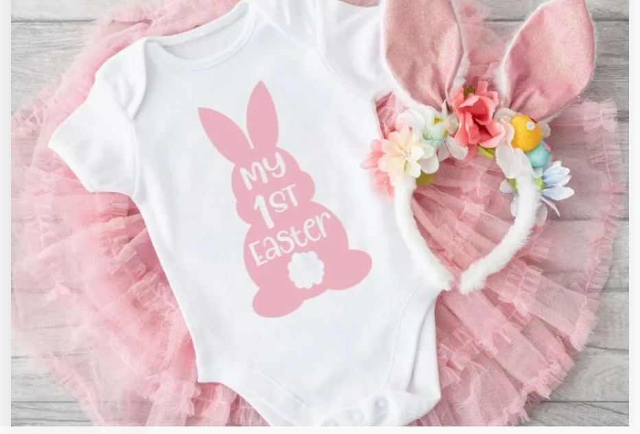 baby onesie with bunny easter SVG print and tutu under it 